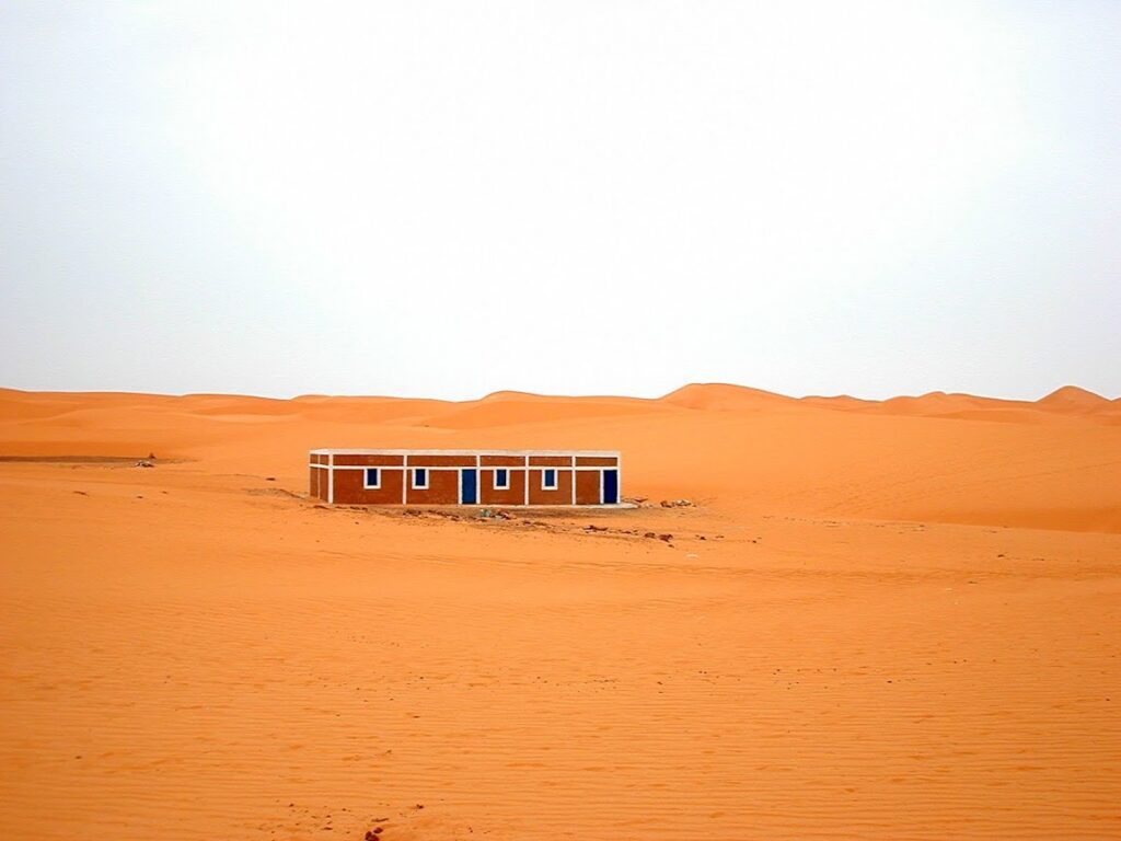 A train partially buried in desert sand dunes.