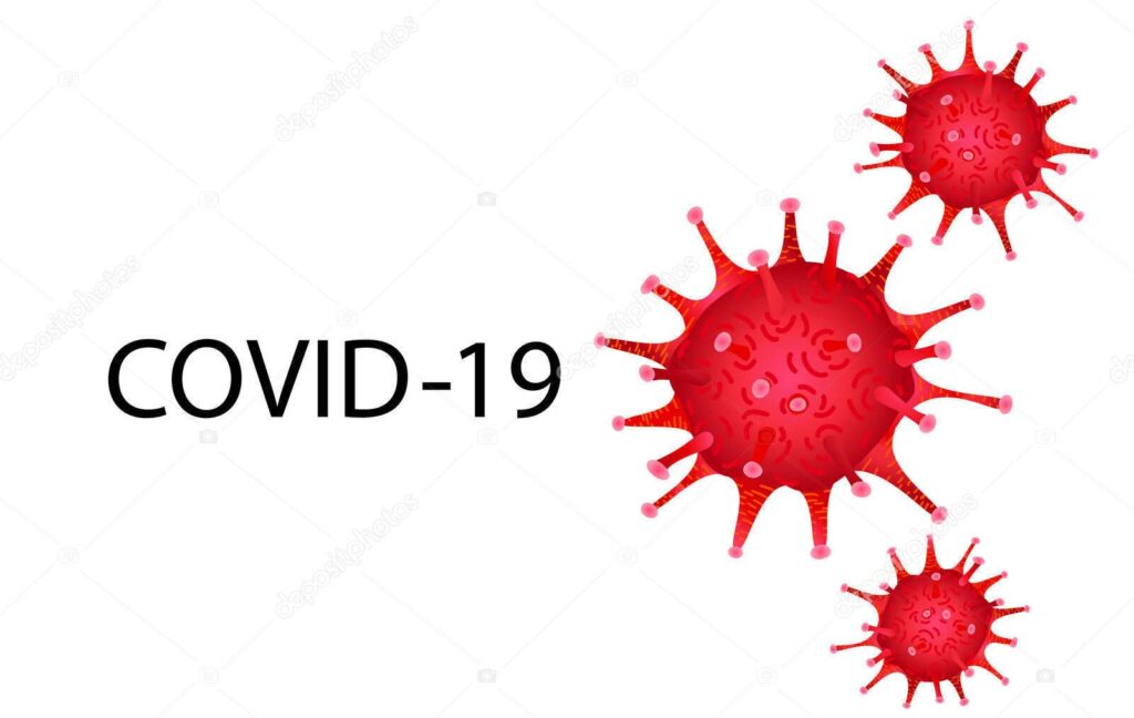 Illustration of red COVID-19 virus particles with text.