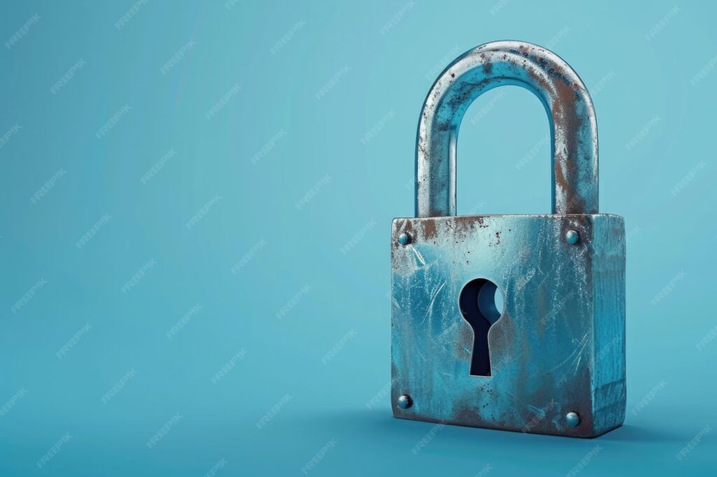 A rusty padlock against a blue background.