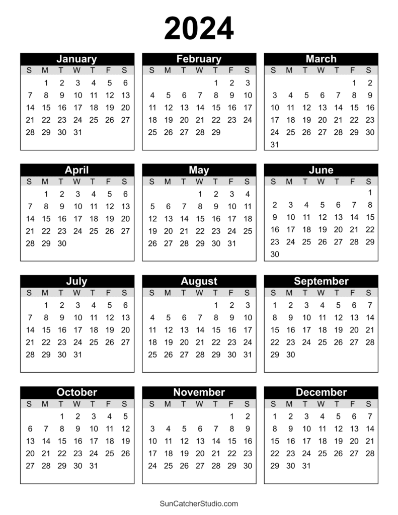 2024 calendar showcasing all months with dates in a clean layout.