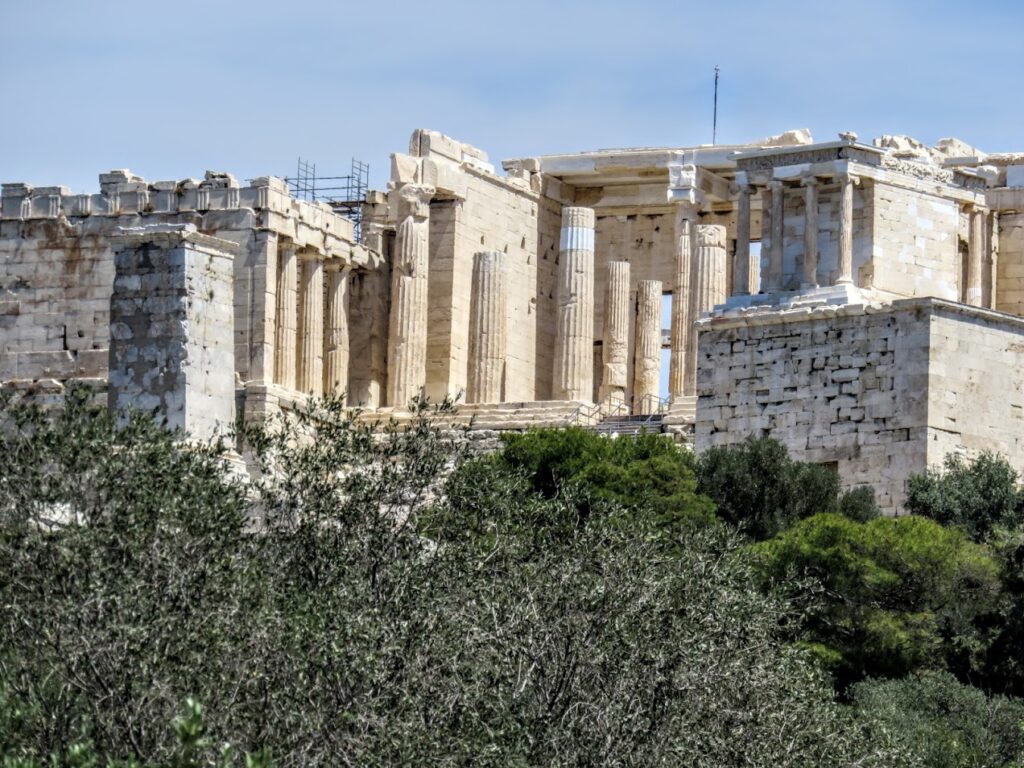 View of the ancient Parthenon temple atop the Acropolis in Athens, Greece.