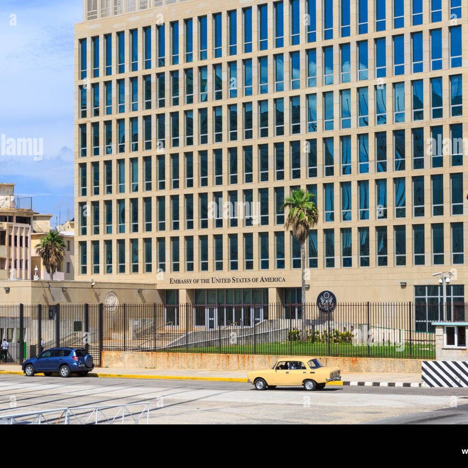 Modern office building with a grid facade and palm trees in front.