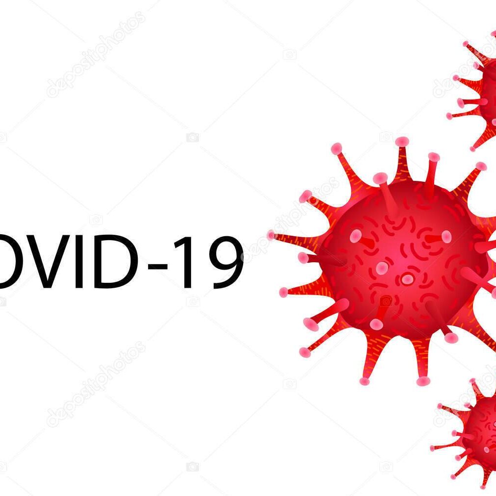 Illustration of red COVID-19 virus particles with text.